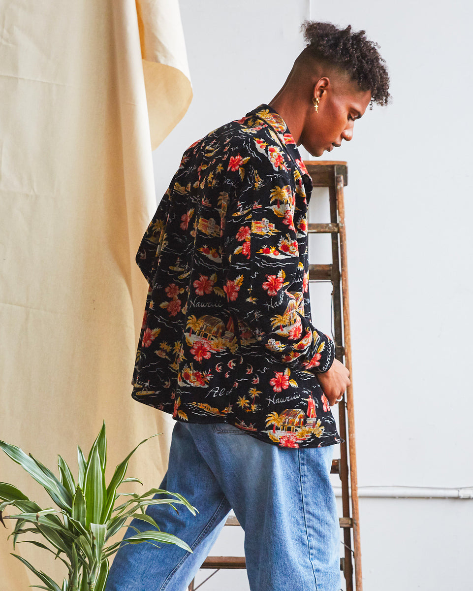 884 立体刺繍Aloha Hawaii/上質モヘア混 FRANKLIN 3 Paradise Found Watercolor Hibiscus Gray Hawaiian Shirt